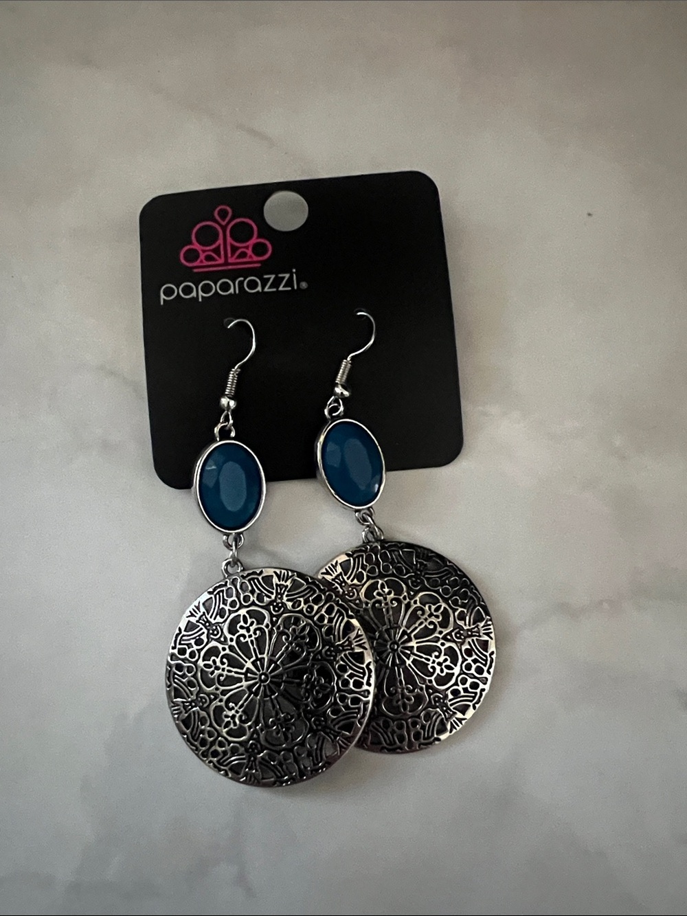 Paparazzi Silver-Tone Filigree Drop Earrings with Teal Blue Cabochon